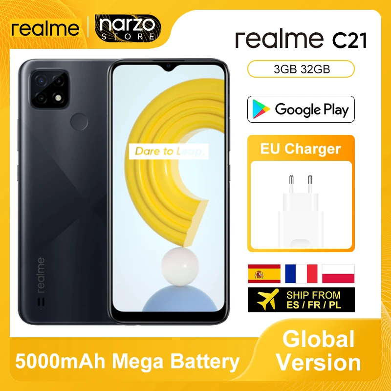 Realme C21 глобальная версия смартфон, 3 Гб оперативной памяти, 32 Гб встроенной памяти, процессор Helio G35 Octa Core 6,5 дюймов Экран 13MP AI тройной Камера 3 Слот для карты 5000 мАч NFC