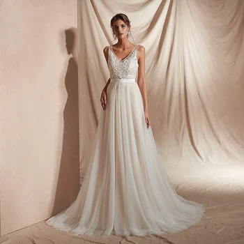 

Elegant Classical 2020 New ivory Wedding Dresses Tulle V Neck Lace Pearls A Line Bridal Dresses Sweep Train wedding gown white