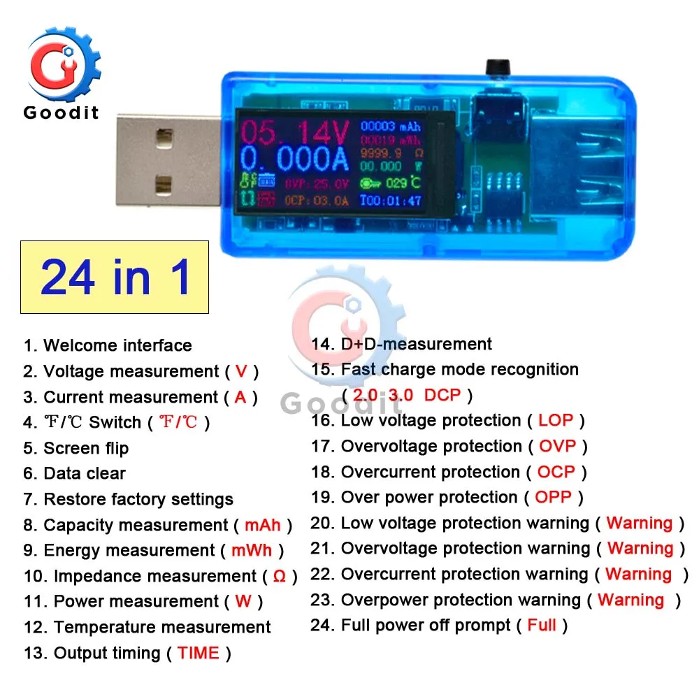 24 В 1 ips цветной ЖК-экран USB тестер 0,96 дюймов Напряжение Ток емкость энергии эквивалентное сопротивление Многофункциональный тестер