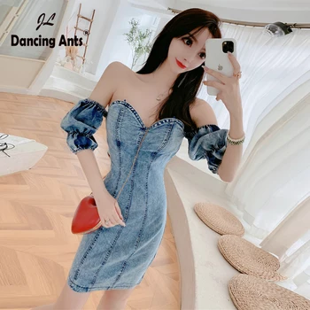 

Club Dress Off the Shoulder Strapless Bodycon Sexy Vestidos For Party Korean Style Slim Jeans Dresses Female Summer Dress 2020