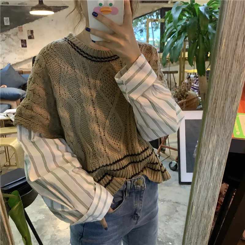 2020 Winter Fashion Harajuku Knit Sweater Korean Woman Pullover Patchwork Contrast Color Cropped Weater Fake Two Jumper Tops
