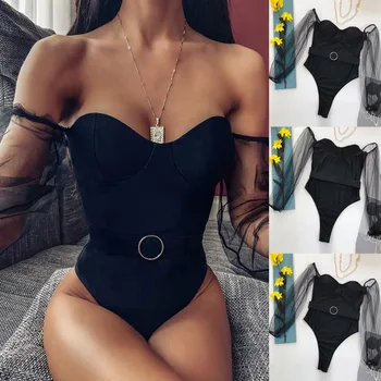 

2020 Newest Lengerie Women Mesh Off Shoulder Jumpsuit Push-Up Pad Underwear Long Sleeves Biquini Bandage Choker Traje de baño