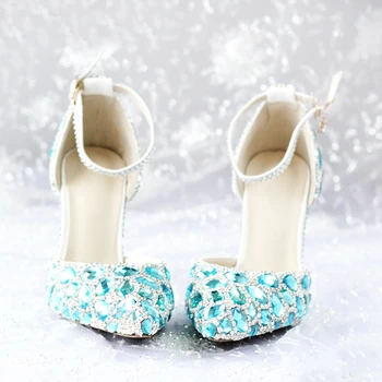 

Fashion Spring and Summer Pointed Toe High Heels with Ankle Strap Sapatos Blue Rhinestone High-heel Women Wedding Shoes