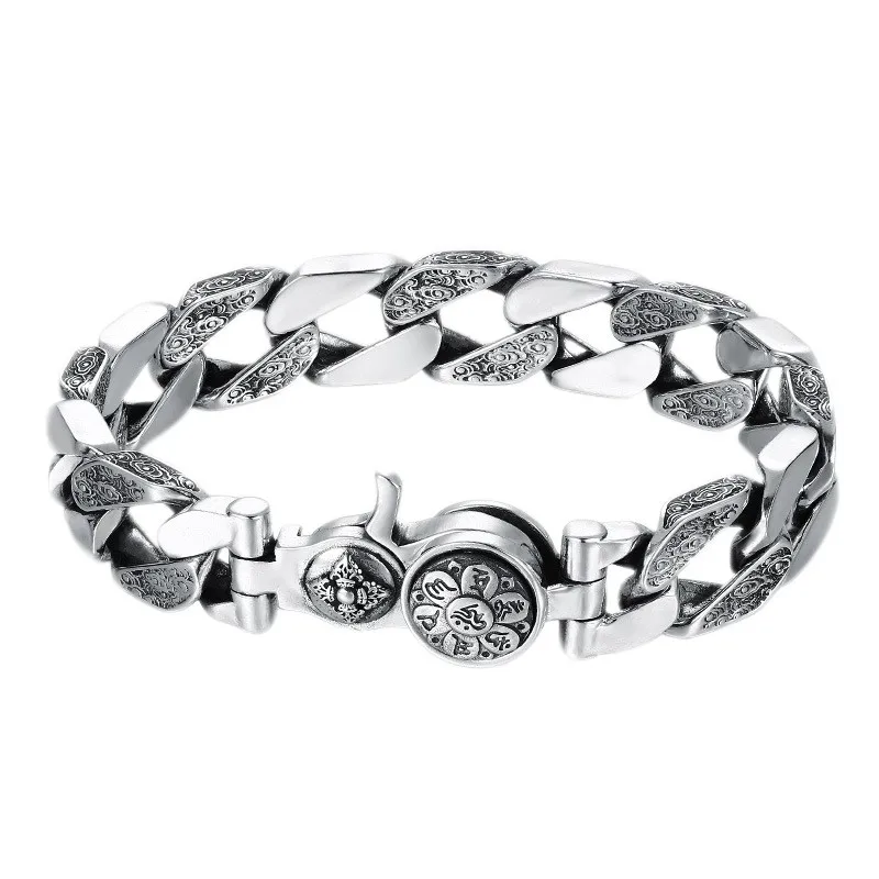 BOCAI S925 Silver Bracelet for Men Rotatable Six-character Mantra