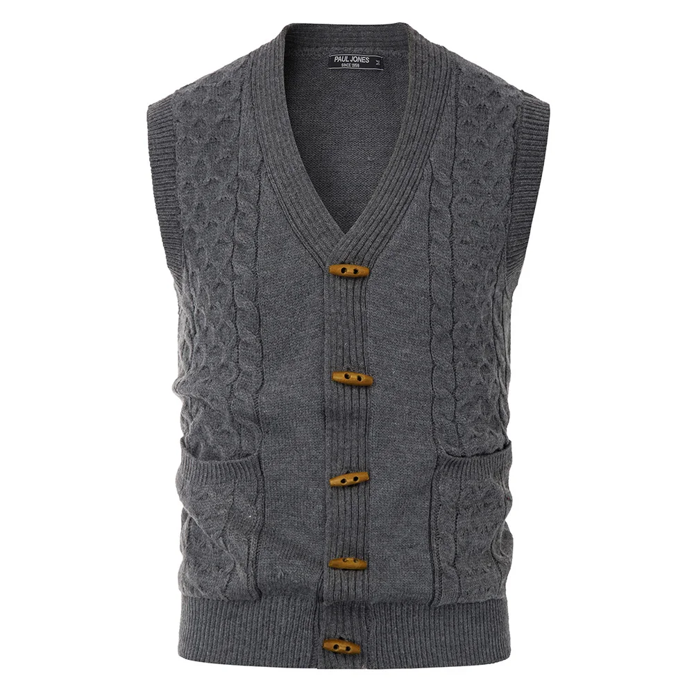 

Men Wood Button Sweater Vest Sleeveless Knitwear Pockets V-Neck Fashion Men Knit Tops Solid Color Warm Spring Vest Clothes