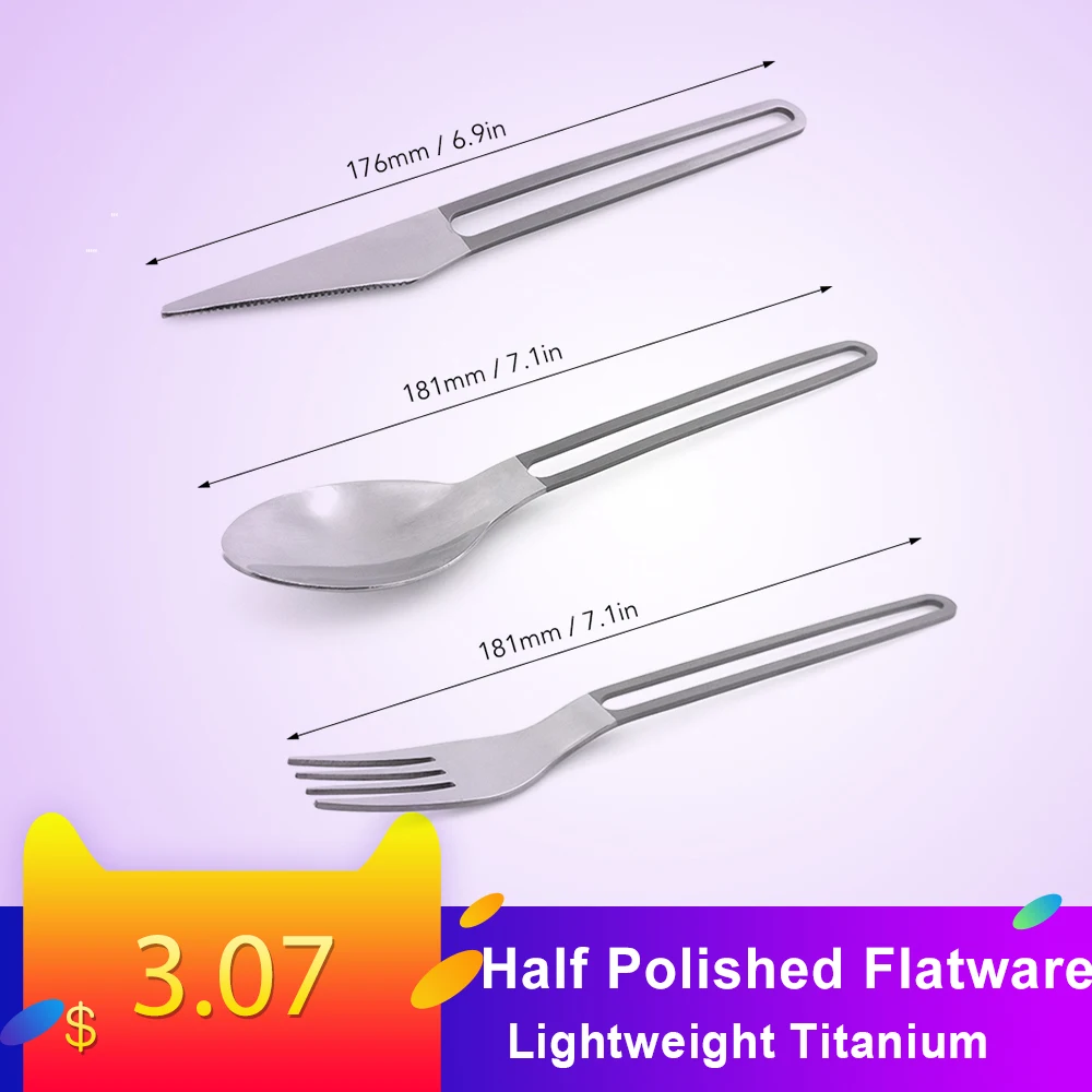 

Half Polished Titanium Spoon Fork Cutter Lightweight Outdoor Camping Dinner Spoon Fork Cutter Picnic Flatware BBQ Utensils