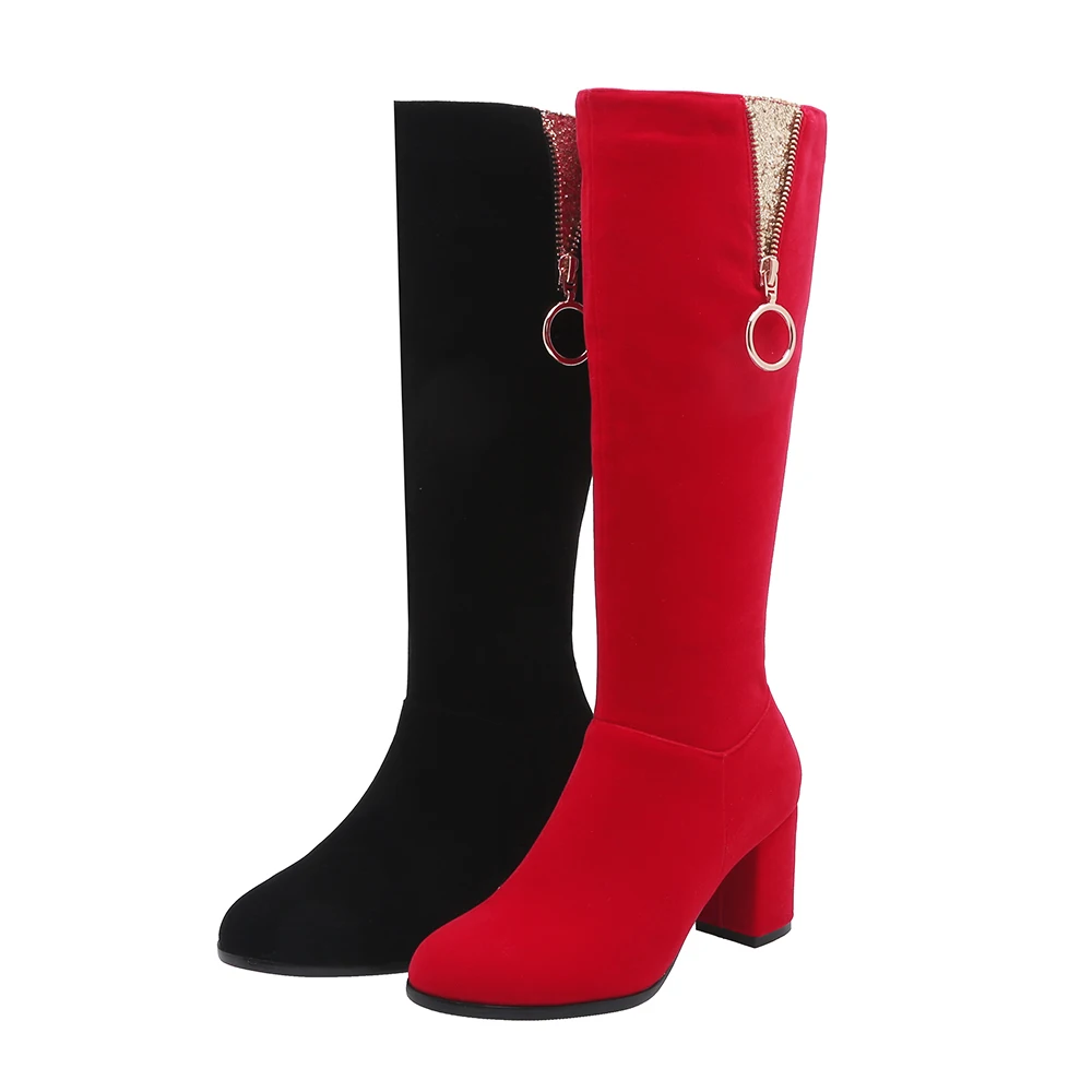 Женские замшевые сапоги до колена; модные удобные ботинки на молнии; осенне-зимние плюшевые ботинки на толстом каблуке с квадратным носком; красные сапоги; Размеры 33-43