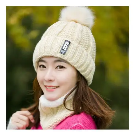 beige Hat bib set Женская зимняя вязаная Шапочка, шапка и снуд из плотного флиса с большим меховым помпоном, теплая шапка и шарф, модные вязаные шапочки, Женская Повседневная шапка - Цвет: beige Hat bib set