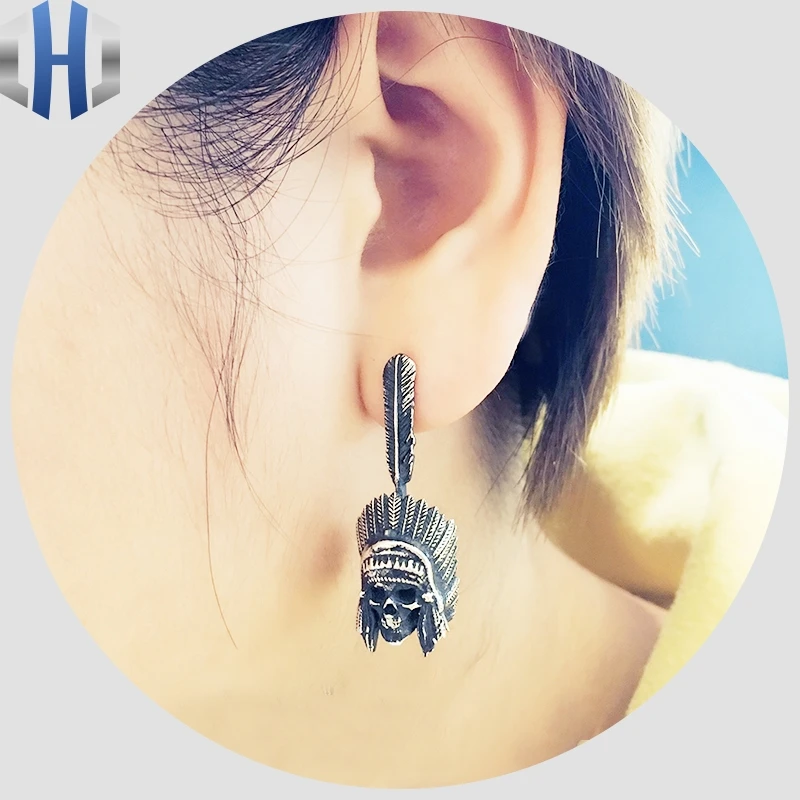 

Original Handmade Skull Earrings 925 Sterling Silver Men And Women Personality Feather Earrings