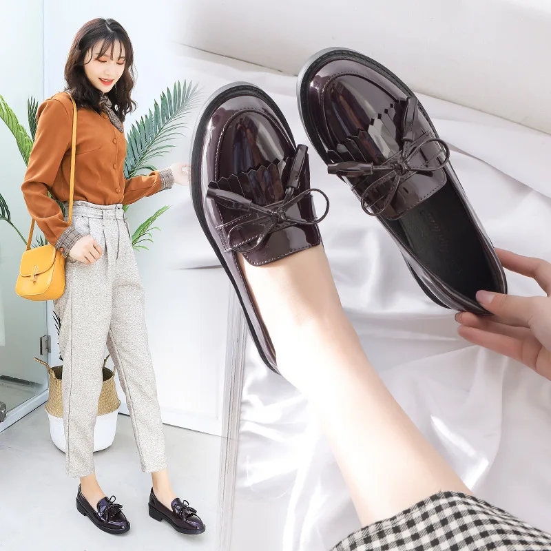 Туфли дерби из лакированной кожи с бахромой и бантом; sapatos; Сезон Зима; кожаные туфли для колледжа; Женская Офисная обувь; криперы на плоской подошве; большой размер 40