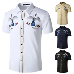 2021 camisa jeans ocidental bordado denim manga curta camisa casual botão streetwear
