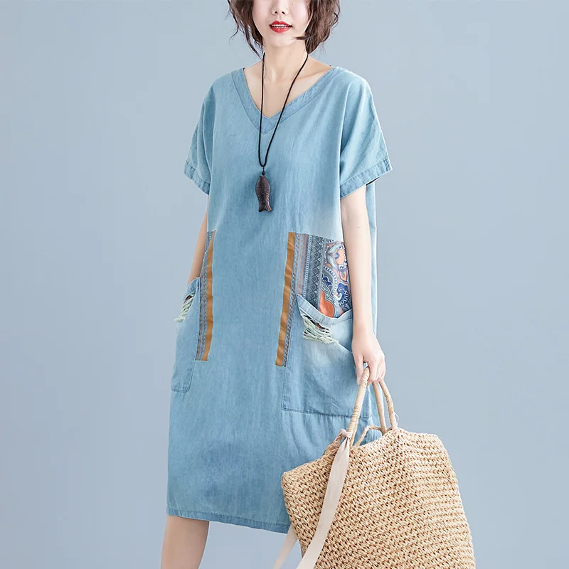 

#2109 Summer Vintage Denim Dress Women V Neck Vintage Jeans Midi Dress Sexy Loose Big Pockets Printed Retro Short Sleeve Dress