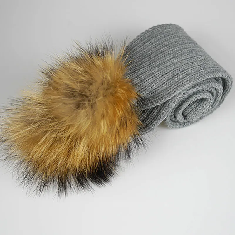 grey natural pom Пушистый меховой помпон украшение зимний детский шарф Шерстяная Смесь вязаная манишка для мальчиков и девочек - Цвет: grey natural pom