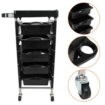 

Black 5 Tier Hair Salon Trolley Barber Beauty Storage Rolling Cart Tool Accessory Tattoo Salon Art Trolley Hair Stying Tool