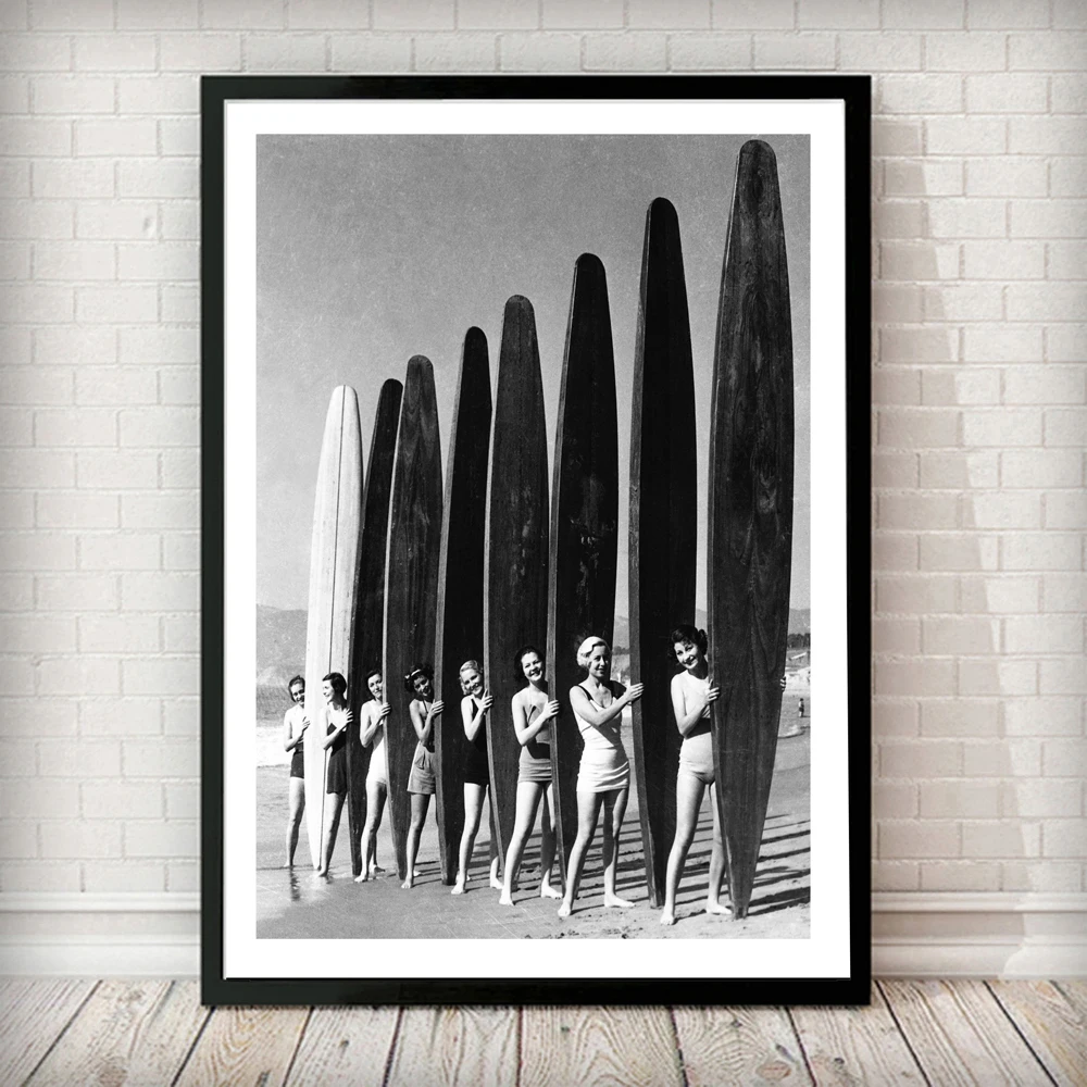 Vintage Art Surfing Surf Boards Print Canvas poster Beach Photo Black White