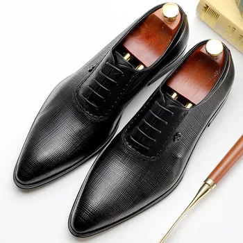 

2019 Brand Classic Genuine Leather Men Whole Cut Plain Oxford Lace Up Wedding Party Man Pointed Toe Dress Shoes