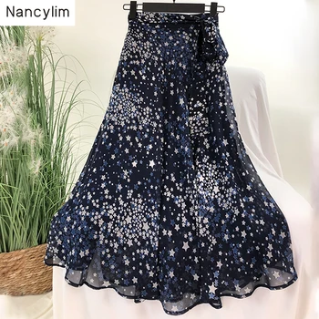 

Fairy Blues Stars Printing Irregular Elegant Long Chiffon Skirt Summer Autumn Woman New Fashion Mid-calf Skirts Student Nancylim