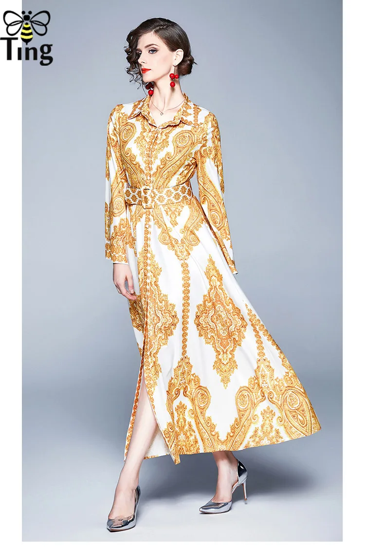 Ceny Tingfly wiosna nowy Vintage projektant kwiatowy Print Maxi Casual sukienka pani sukienka do pracy biurowej z paskiem otwórz pojedyncze piersi Plus 2X