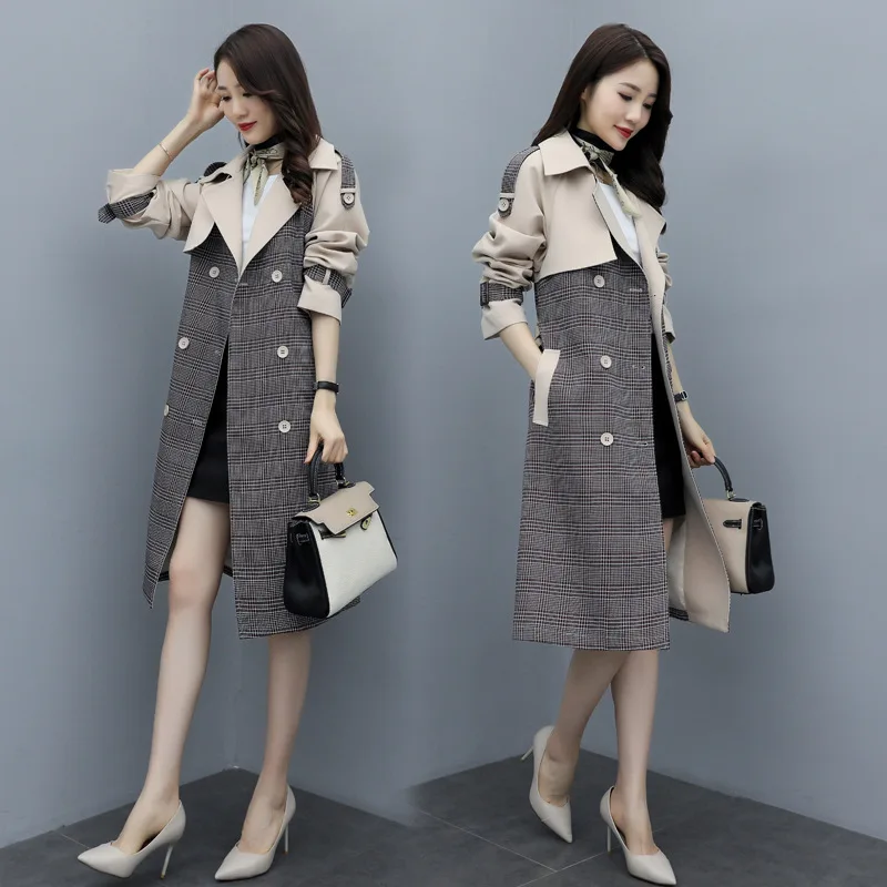 

2019 Autumn Fashion Elegant Popular Plaid Stitching Lace-up Mid-length Trench Coat Raglan Sleeve