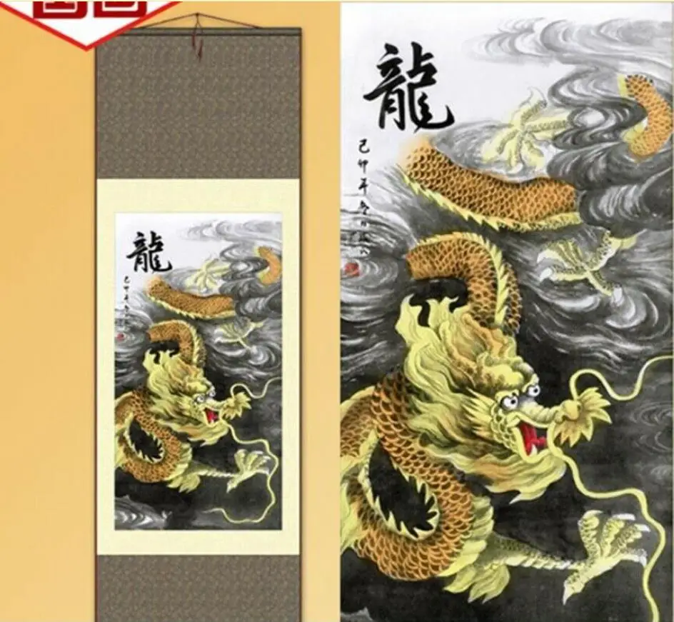 1pc Traditional silk art Home Decoration Chinese Silk Scroll Painting Dragon Ink painting S015 afbeelding