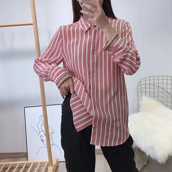 

Women Shirt OL 2020 Spring Summer 18mm 100% Silk Strip Women Blouses