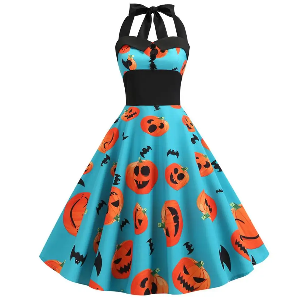 

Women's Vintage Patchwork little Bat Print sleeveless Dress Evening Party Halter Dress Halloween Swing Dress Robe Femme dress #D