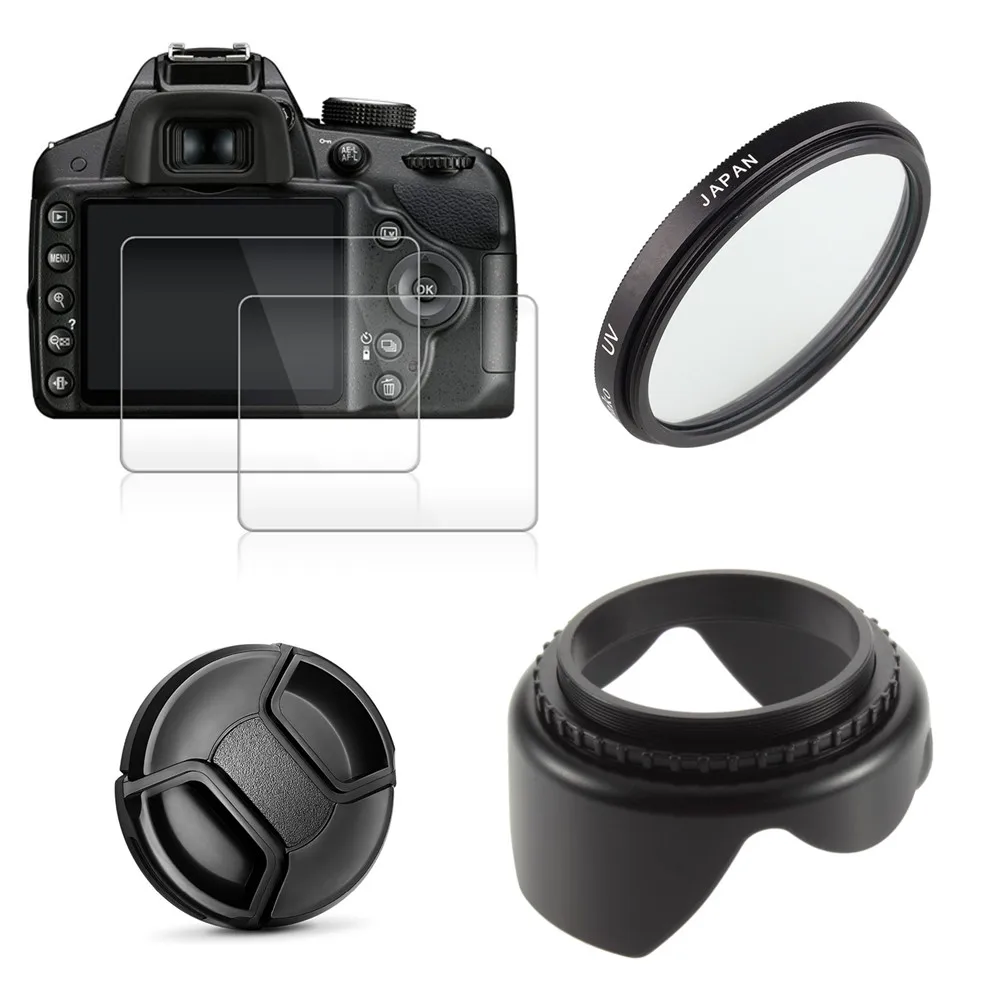 Uv Filter + Lens Hood Cap + Adapter Ring + 2x Glass Screen Protector