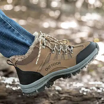 

Casual Men Leather Boots 2020 Winter Warm Snow Ankle Boots Comfortable Fur High Top Men Sneakers Couple Hiking Shoes Big Size Z1