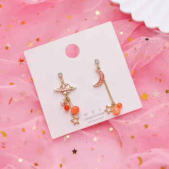 

925 Silver Satur Moon Five-pointed Star Crystal Non-symmetrical Earrings Elegant Korean-style Versatile Planet Tassels Ear Stud