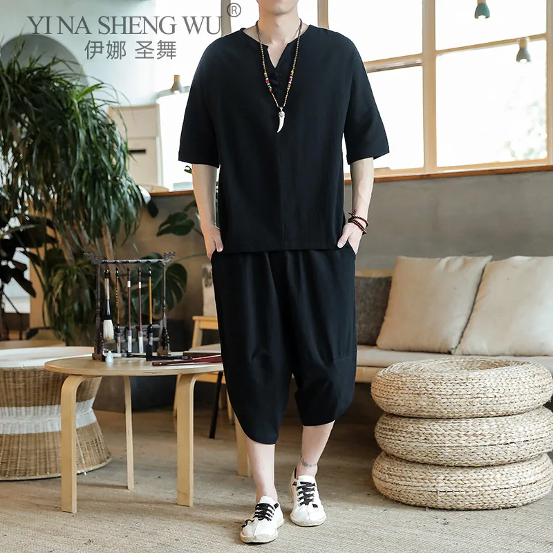 Japanese Style Suits Kimono Short-Sleeved Harajuku T-shirt Pants Men Tops Trousers Male Japan Harajuku Yukata Costumes 2pcs Set