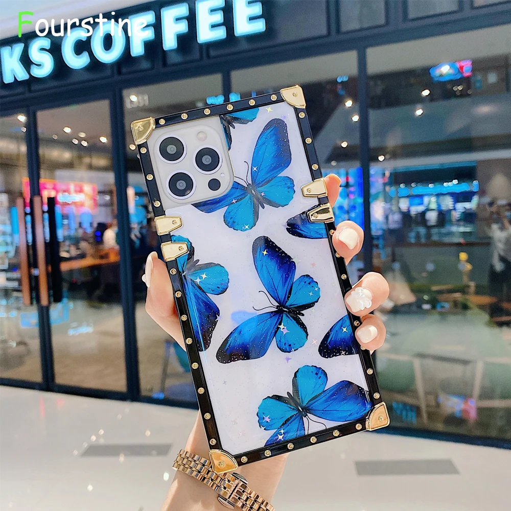 Butterfly Marble Phone Case for iPhone 13 12 11 Pro Max XS XR X 8 7 Plus Luxury Glitter Plated Gradient Back Cover Coque Funda | Мобильные