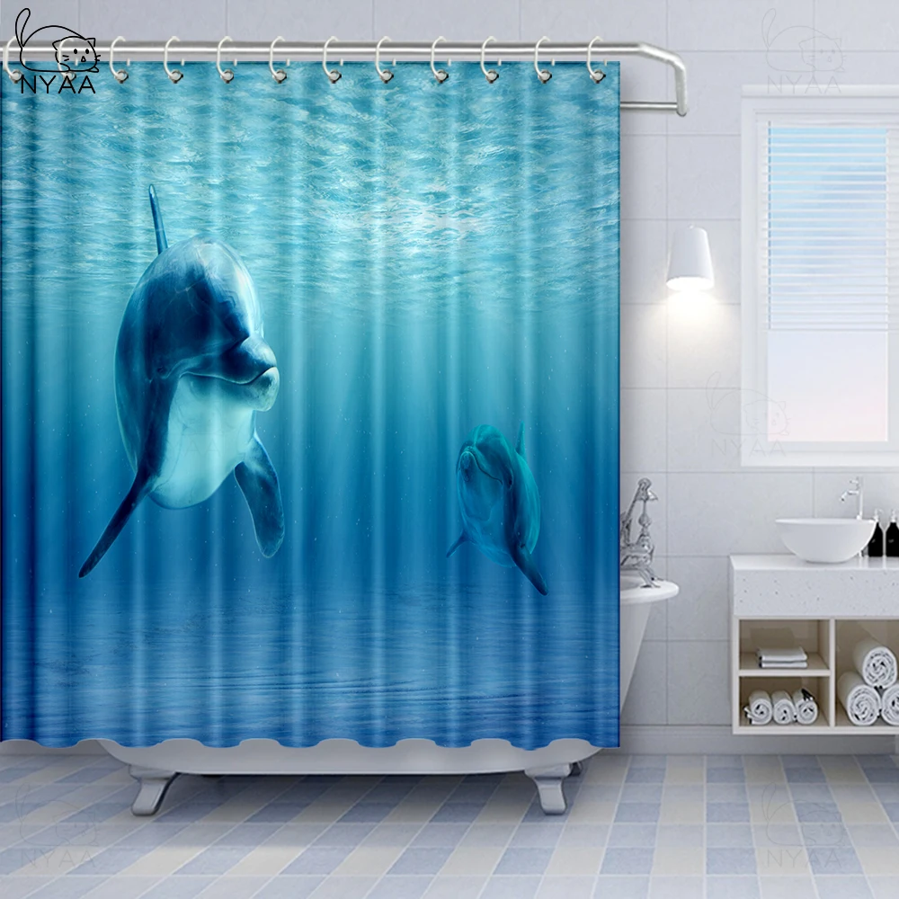 Dolphin Swimming in the Ocean Waterproof Shower Curtain Bath Rugs Polyester Home 
