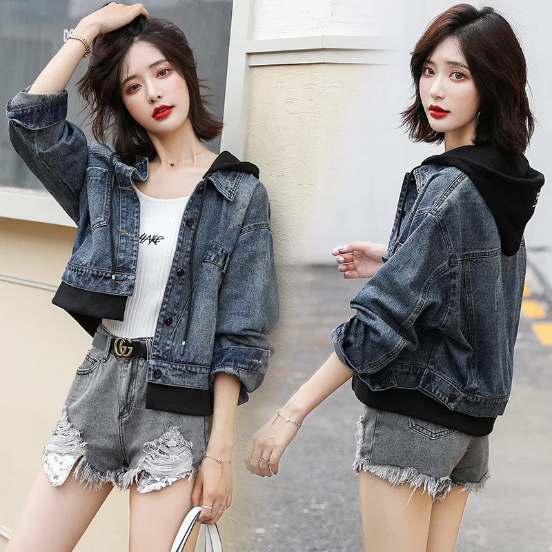 

Hong Kong Style Hooded Jeans Coat Women's Loose-Fit Spring And Autumn 2019 New Style Popular Jacket Versatile Casual Short Tops