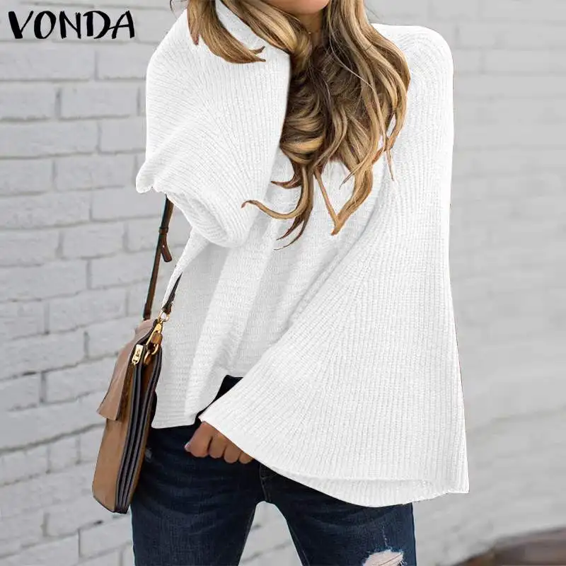  VONDA Autumn Winter Long Sleeve Tops Women Solid Color Pullover Shirts Plus Size Bohemian Party Blu