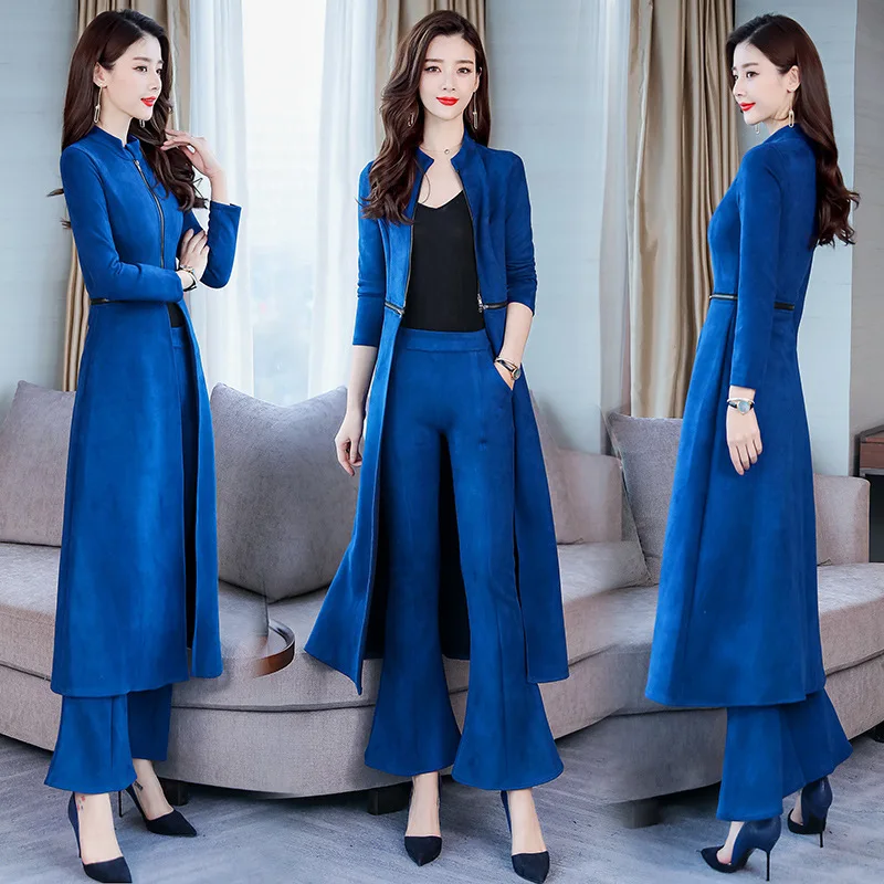 

2019 Spring WOMEN'S Dress New Style Elegant Slimming Suede a Clothing Double Purpose Two-Piece Set-Style Bell-bottom Pants Set