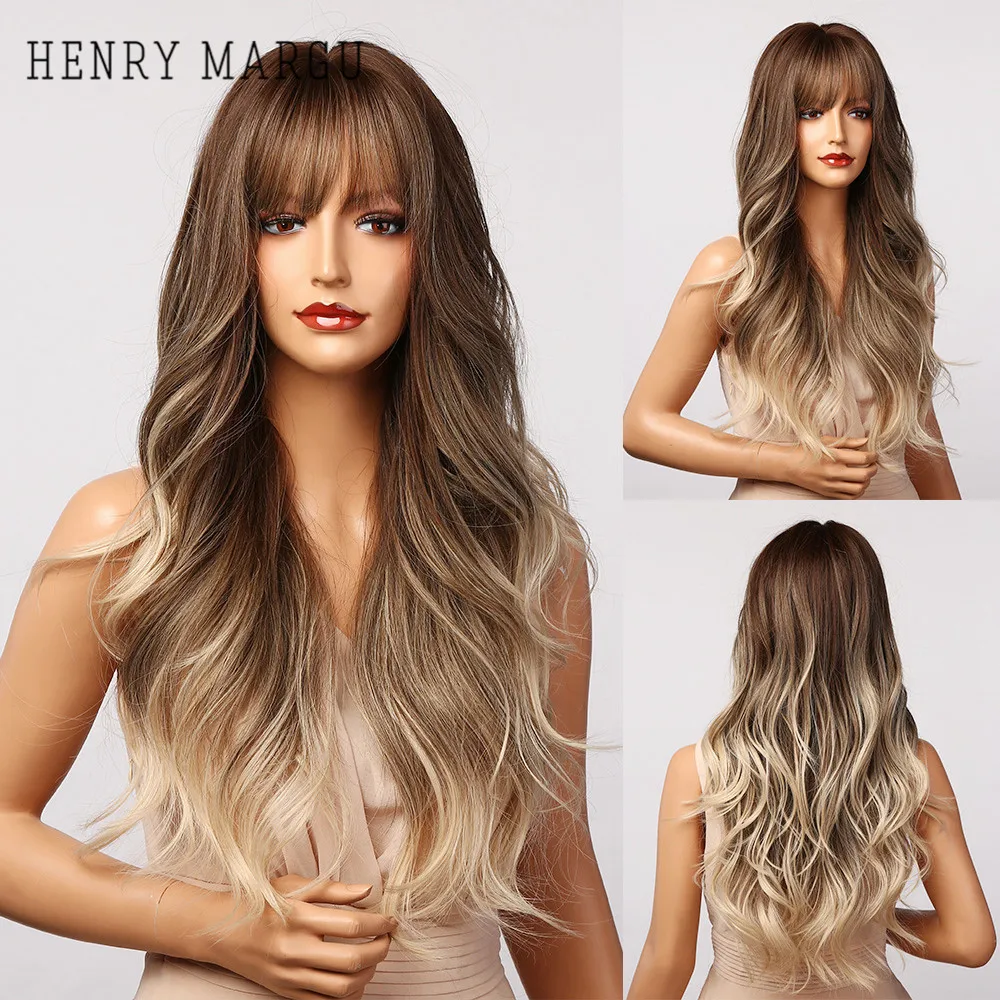 Parrucche sintetiche ondulate Ombre bionde marroni lunghe HENRY MARGU con frangia parrucche per capelli naturali per donna parrucca Cosplay quotidiana resistente al calore