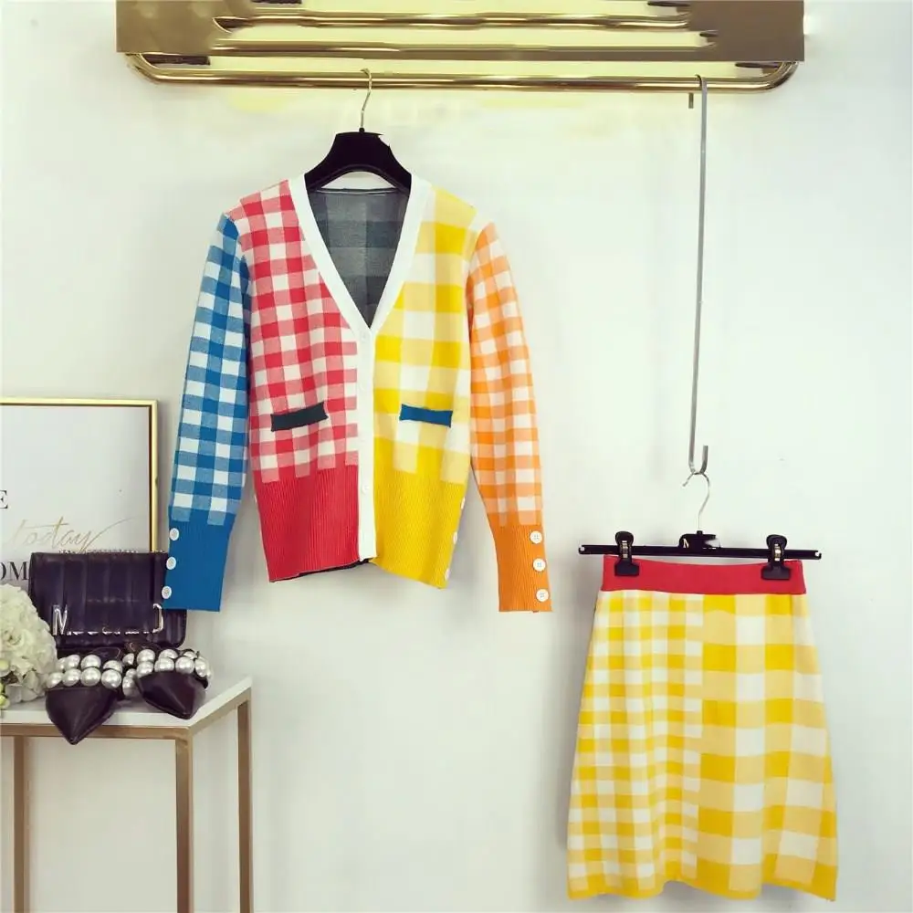 

Fall Winter Elegant Knitting Cardigan Skirt Suits V-Neck Women Set Colorful Plaid Tops High Waist Skirts Knit Outfits