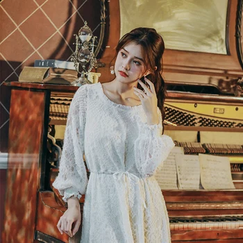 

Women Autumn Elegant Slim O-Neck Long SLeeve Hollow Out White Lace Dress Ladies Sweet Casual Loose All-Match Basic Long Dress