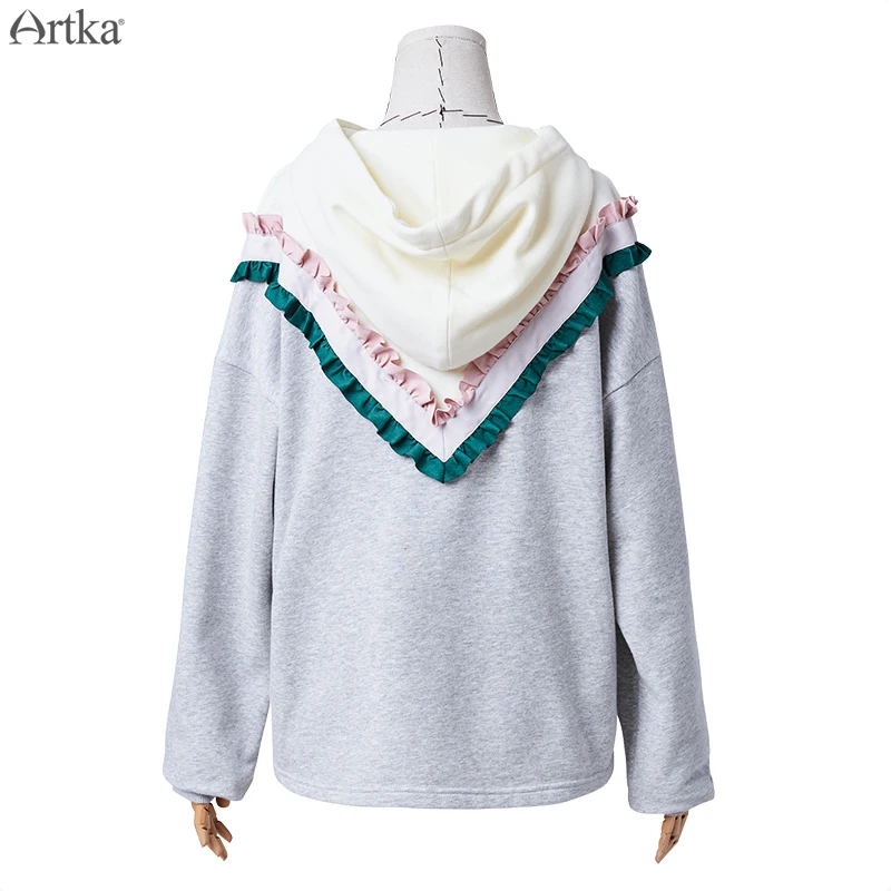  ARTKA 2019 Autumn Winter New Women Hoodies Loose Fake Two Pieces Sweatshirt Long Sleeve Ruffle Pull