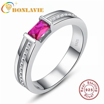 

BONLAVIE Embedded Rectangular Ruby 925 Silver Male Ring for Men Wedding and Engagement