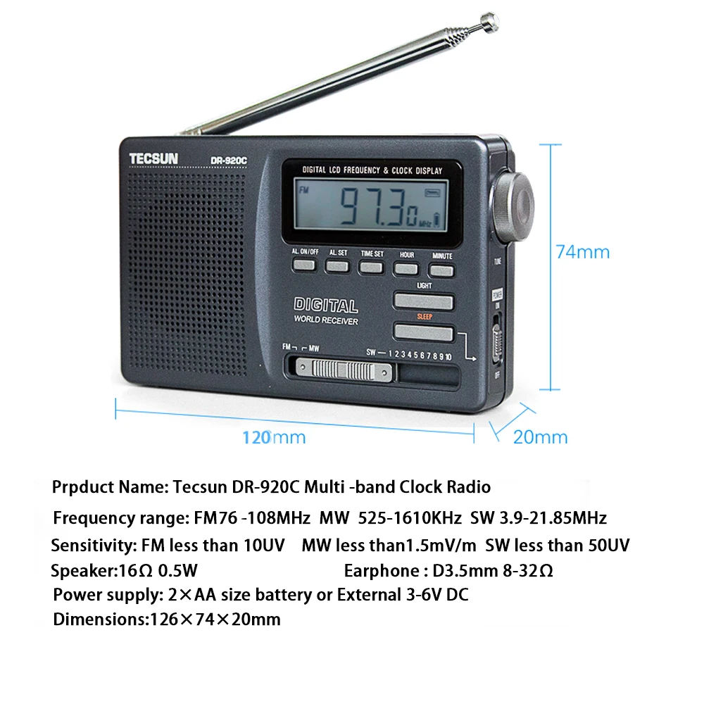 TECSUN DR-920C цифровой fm-радио дисплей Fm/MW/SW многодиапазонный портативный радио FM: 76-108 MHz/MW: 525-1610 kHz/SW: 5,95-21,85 MHz радио