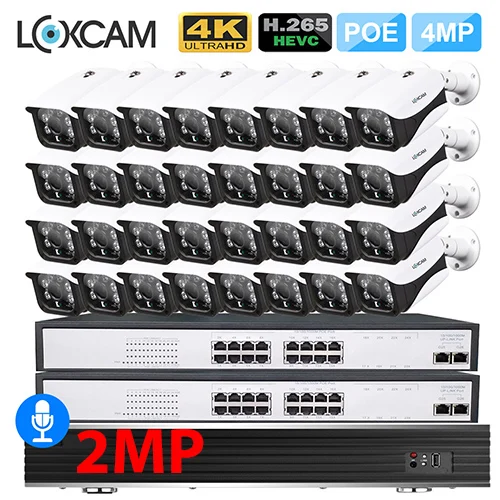 32CH x 32pcs 2MP Cam LOXCAM H.265+ 32CH 4K POE Комплект камер видеонаблюдения 4MP аудио запись Открытый водонепроницаемый безопасности ip-камера видеонаблюдения комплект - Цвет: 32CH x 32pcs 2MP Cam