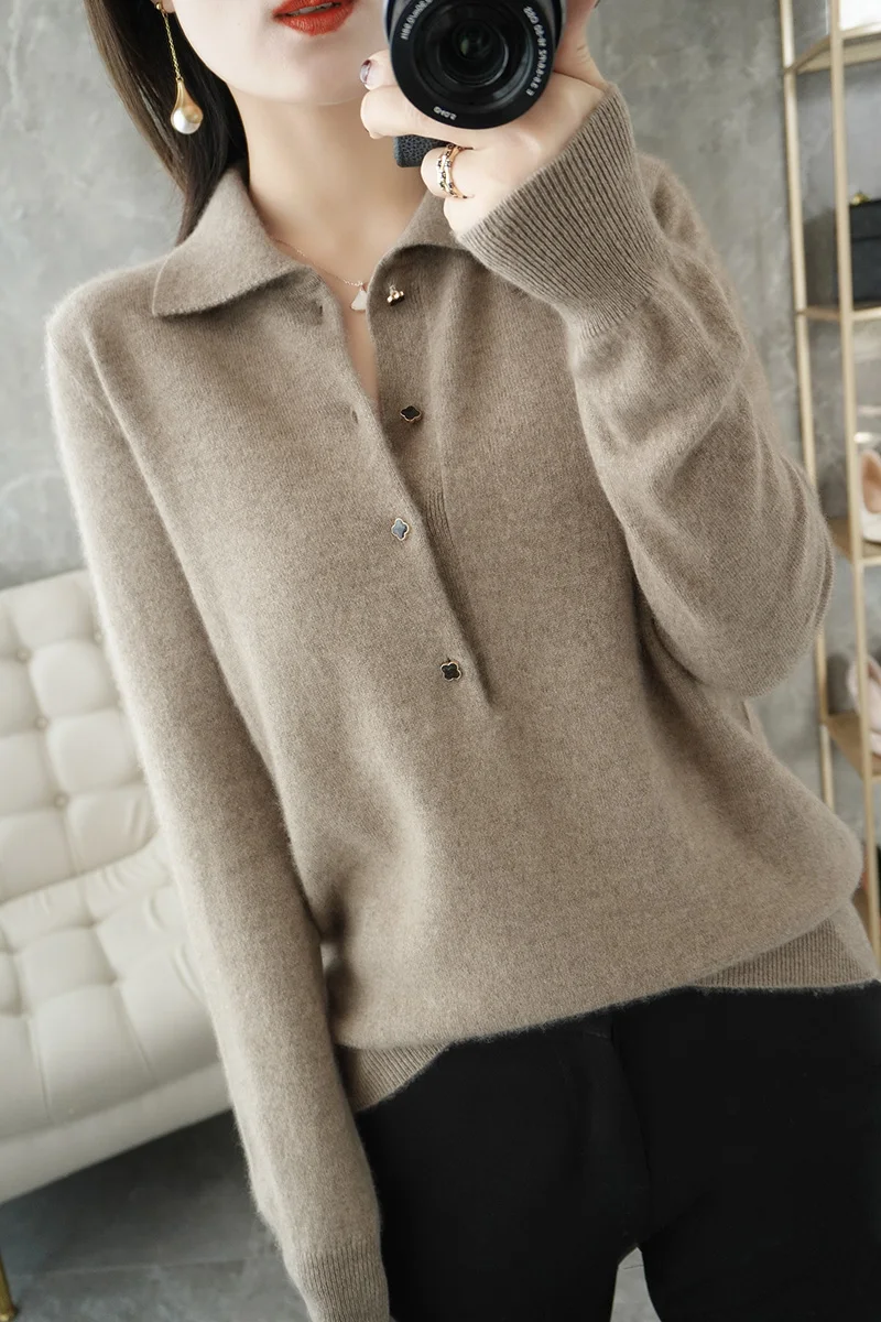 캐시미어 스웨터, 2021 년 최신 여성 겨울 100% 울 턴 다운 칼라 스웨터, 캐주얼 니트웨어, 플러스 사이즈, 단색, 루즈한 여성 상의