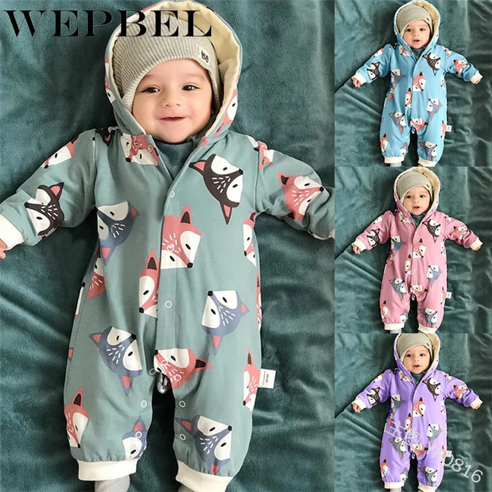 WEPBEL/Детский комбинезон для маленьких мальчиков и девочек; свитер с длинными рукавами и пуговицами; сезон осень-зима; теплые милые модные комбинезоны с меховым капюшоном