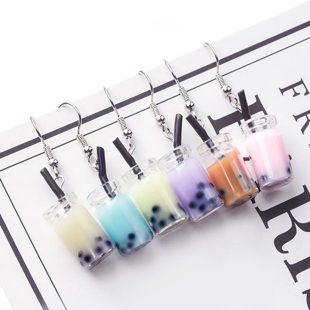 Creative Unique Drop Earrings Women Wine Bottle Bubble Tea Earring Personality Resin Milk Tea Drink Wine Bottle Earrings Funny