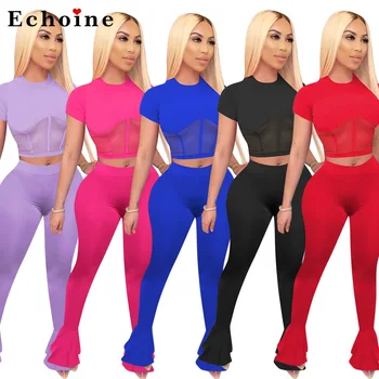 

Women Two Piece Set Sheer Mesh Patchwork Homewear Short Sleeve Crop Tops Long Flare Pants Ruffles Leisure Tracksuit Summer New