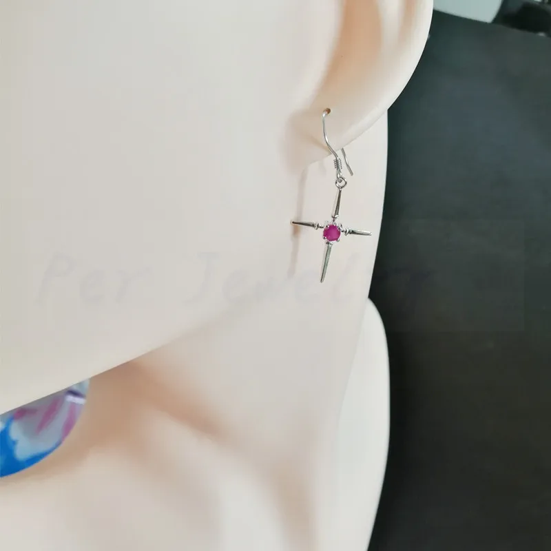 Натуральный рубин или сапфир крест стиль Висячие серьги 0.25ct* 2 шт драгоценный камень Серебро 925 пробы C91142