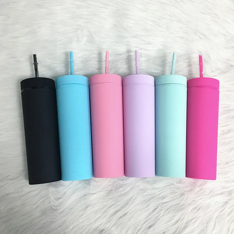 Hot Sale 16oz Acrylic Slim Skinny Tumbler Colorful Matte Water Bottle With Lid Straw Double Wall For New Year Party Gifts