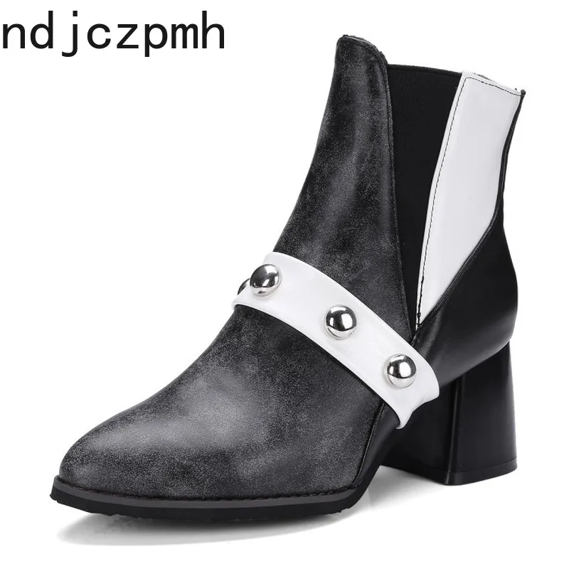 

Women's Boots New Winter Fashion Color Matching Pointedl Rivet Mid Heel Short Tube Women Shoes Plus Size 32-48 Heel Height 6cm