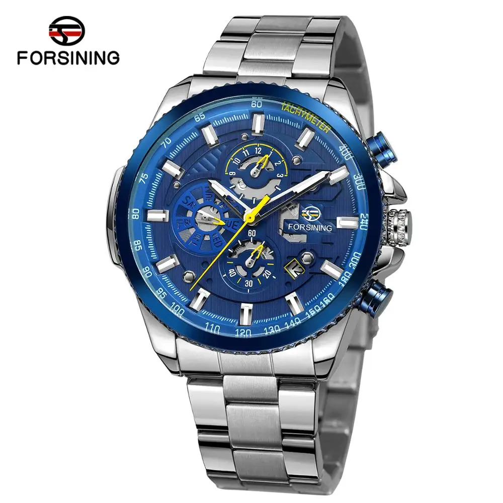 

Forsining Three Dial Calendar Display Stainless Steel Mens Watches Automatic Military Mechanical Waterproof Relogio Masculino